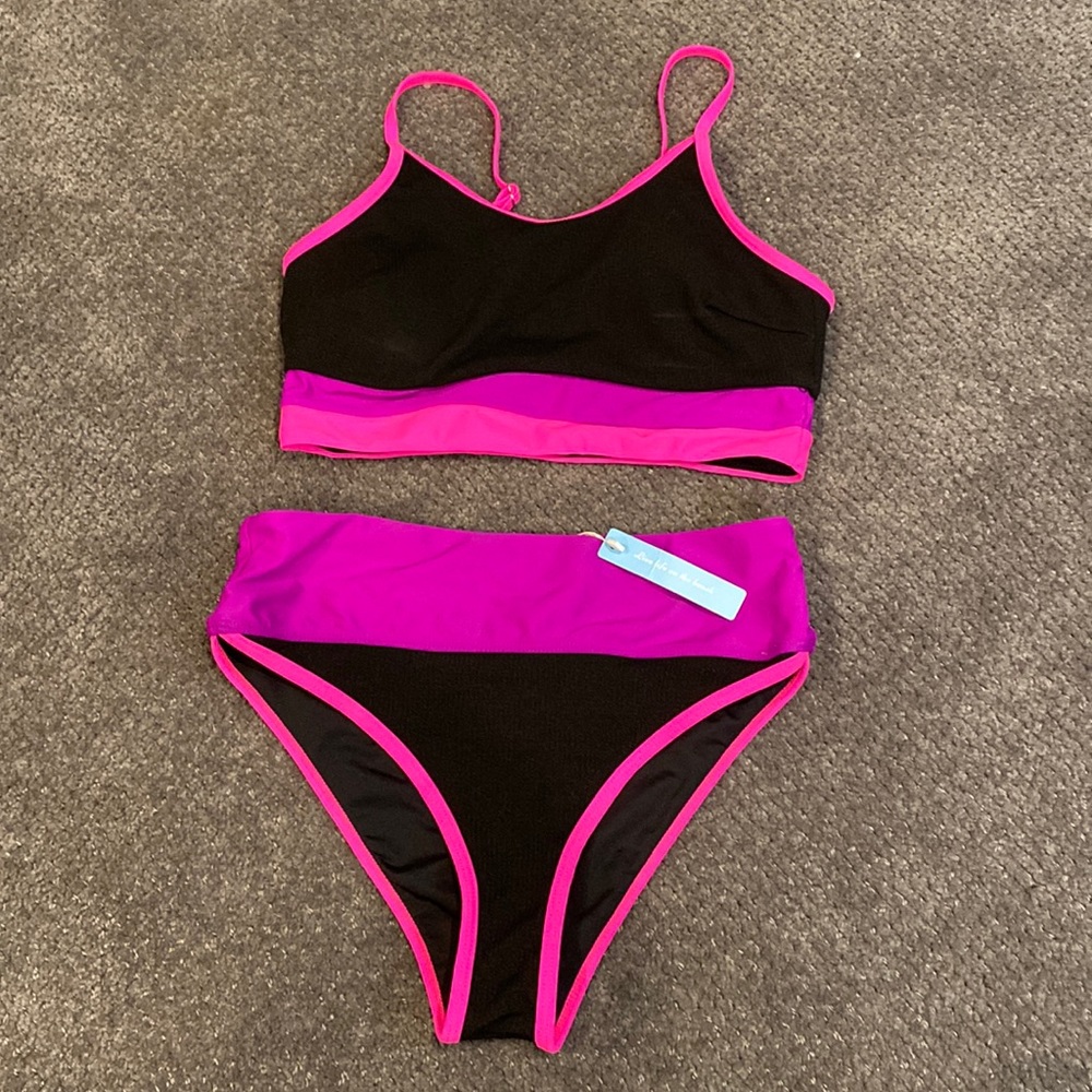 Cute Black Bikini With Neon Pink/Purple Stripes